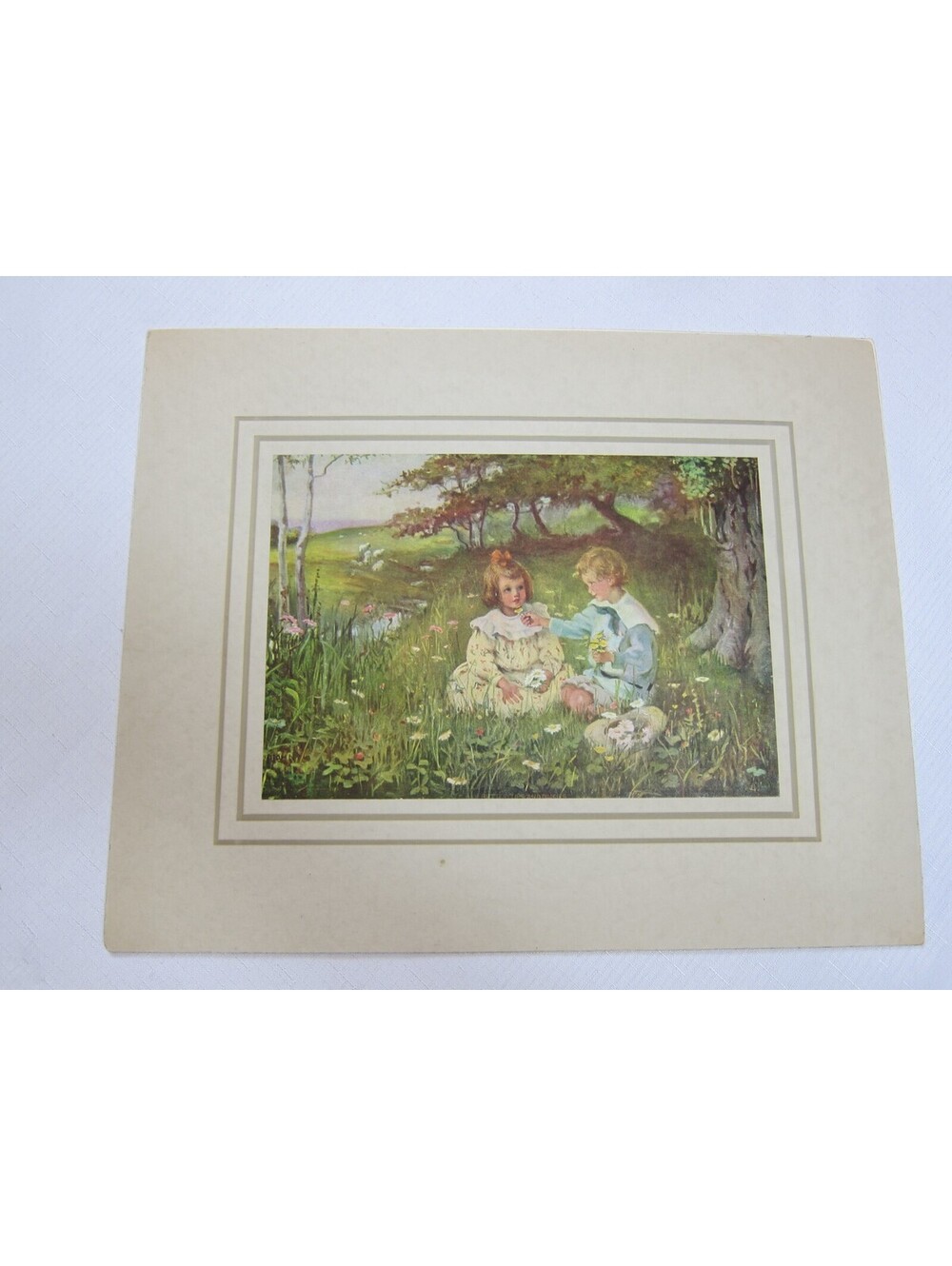 Antique Art Print Boy Sailor Suit & Girl in Meadow Buttercups & Daises Flowers